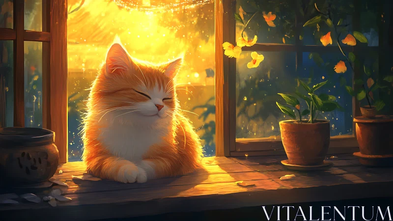 Golden hour sunlight hugs a sleepy cat on a warm windowsill