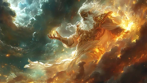 Storm-forging sky deity wrapped in roaring solar fire.