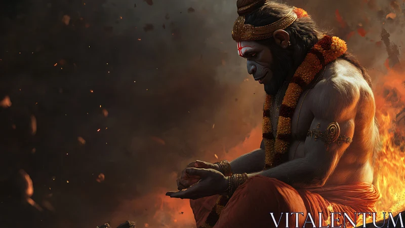 Hanuman figure kneels in flames holding glowing embers