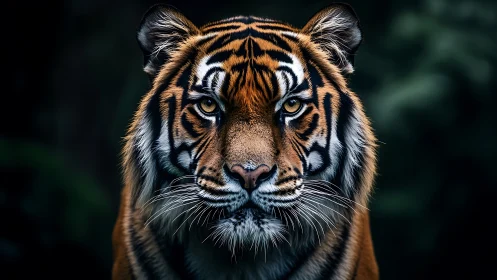 Front-facing Bengal tiger portrait in low-key forest lighting