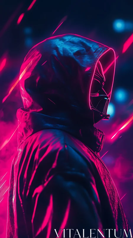 Hooded neon figure in dark cyberpunk lighting profile.