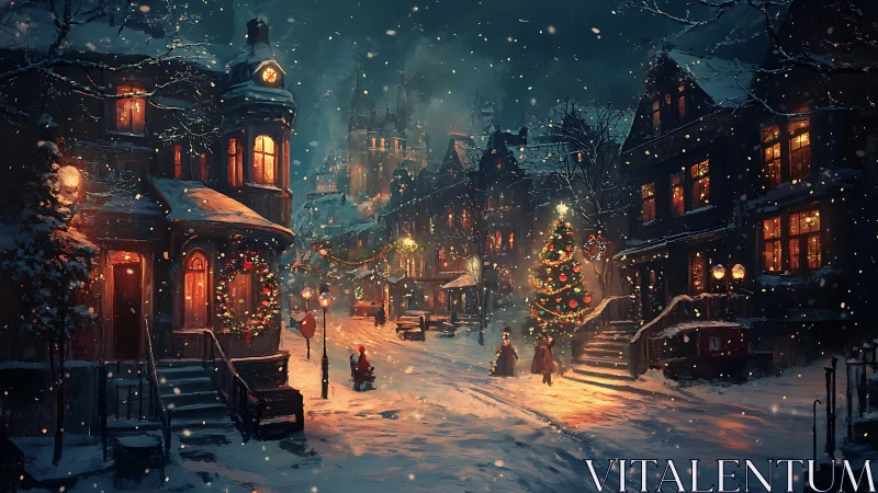 Snowy Victorian street glows under warm Christmas lights