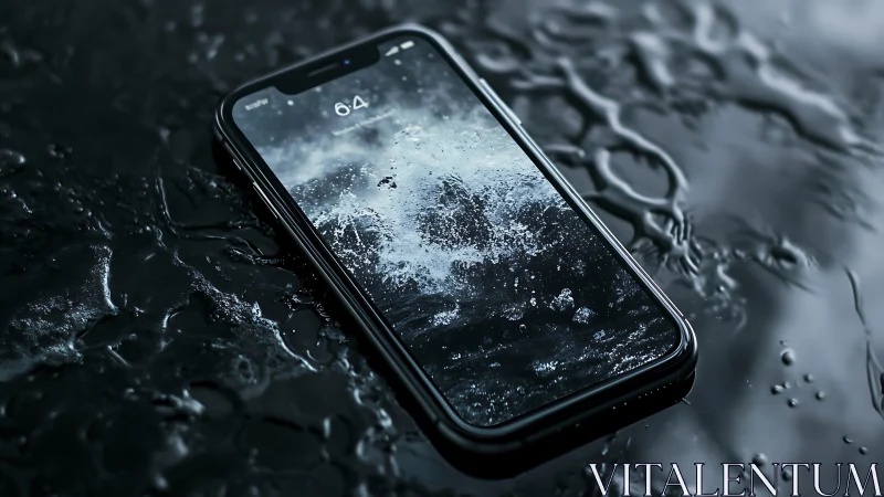 Smartphone on wet surface with abstract water display.