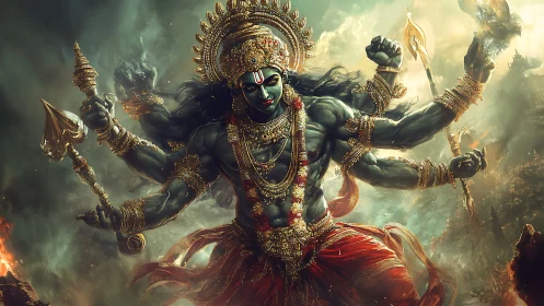 Storm crowned warrior deity strides through swirling firestorm.