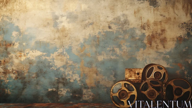Vintage film reels rest against a weathered blue studio wall