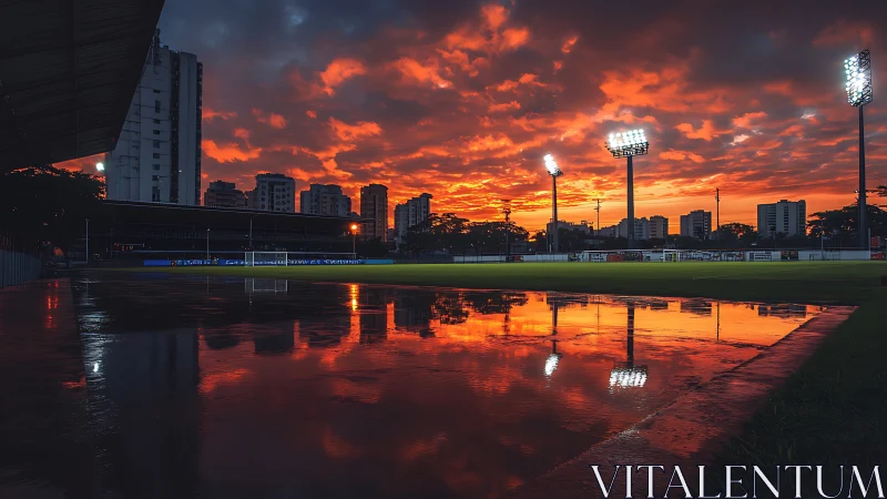 Floodlit urban stadium under intense orange sunset sky.