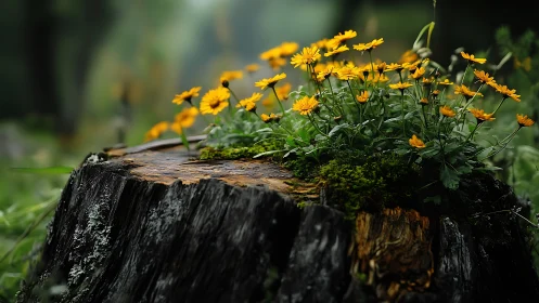 Yellow wildflowers grow atop weathered tree stump