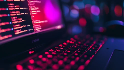 Low light laptop keyboard with code editor and neon bokeh lighting