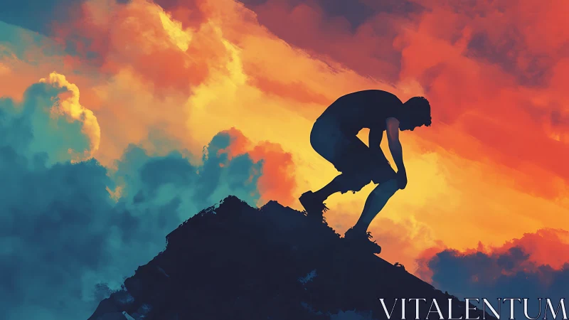 Silhouette climber bends beneath a burning watercolor sky.