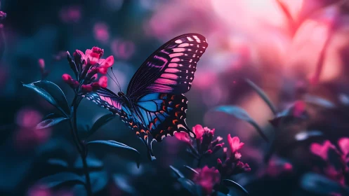 Dreamy twilight butterfly resting among glowing blooms.