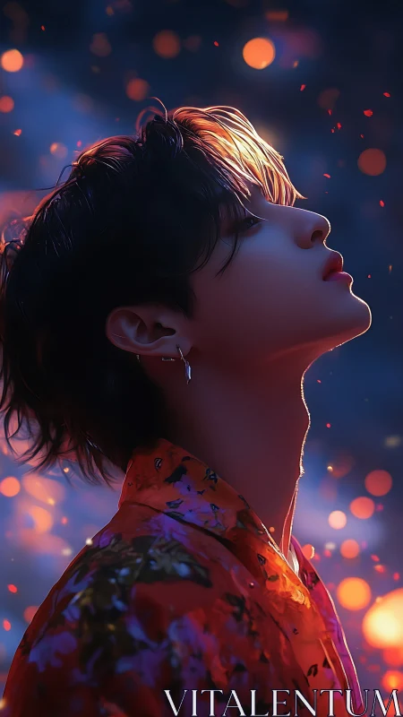 Backlit profile portrait with bokeh-saturated atmospheric glow.