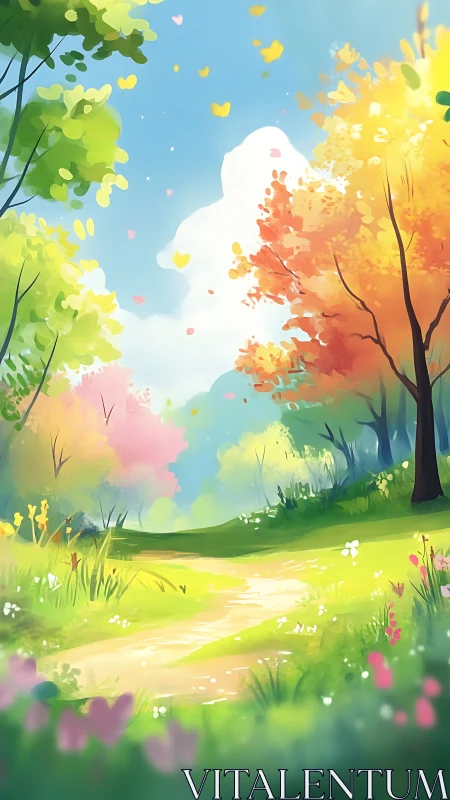 Seasonal Path Through Vibrant Forest Landscape.