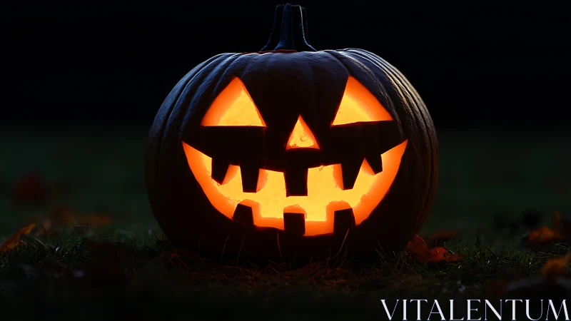 Glowing jack o’lantern smiles warmly in the quiet autumn dark