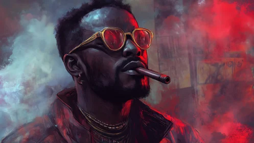 Digital portrait of man with cigar and red smoke background.