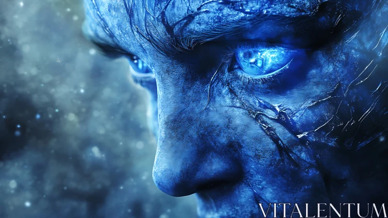 Intense close-up of icy blue alien face with glowing eyes.