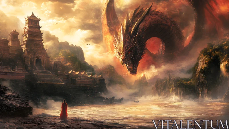 Epic dragon confrontation over mistbound river citadel scene.