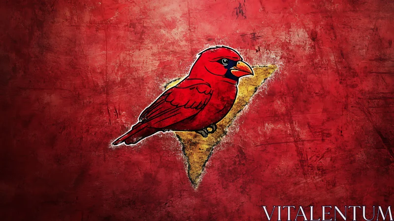 Crimson graffiti cardinal perched on a fractured gold shard.