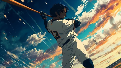 Sunlit slugger ready to swing under a glowing sky.