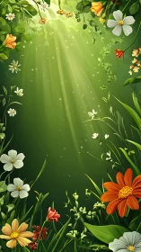 Sunlit green clearing bordered by colorful wildflowers.