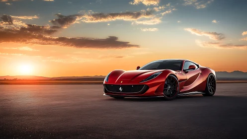Red supercar under cinematic sunset on open runway.