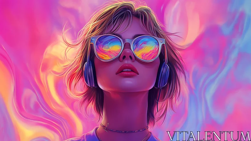 Woman in headphones with neon sunglasses and pink sky.