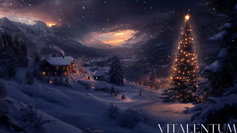 Snowy alpine village under glowing Christmas tree lights.