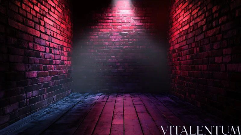 Neon lit brick corridor with dramatic central spotlight focus.