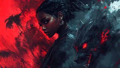 Digital painting portrait with infernal wolf and jungle backdrop.