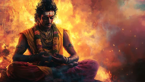 Fiery yogi meditates within swirling golden flames.