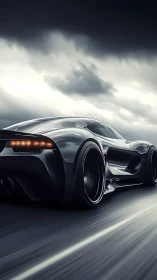 Futuristic black supercar on highway under storm clouds.