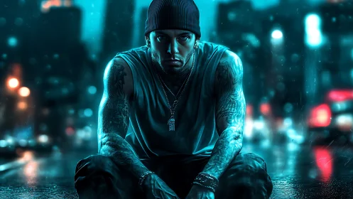 Brooding street loner sits in neon soaked midnight rain