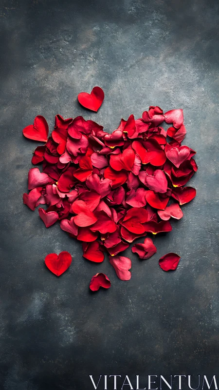 Red Rose Petals Form a Heart on Textured Gray Surface