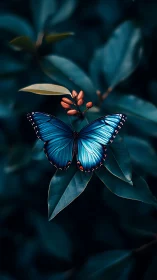 Blue morpho butterfly rests on deep emerald leaves.