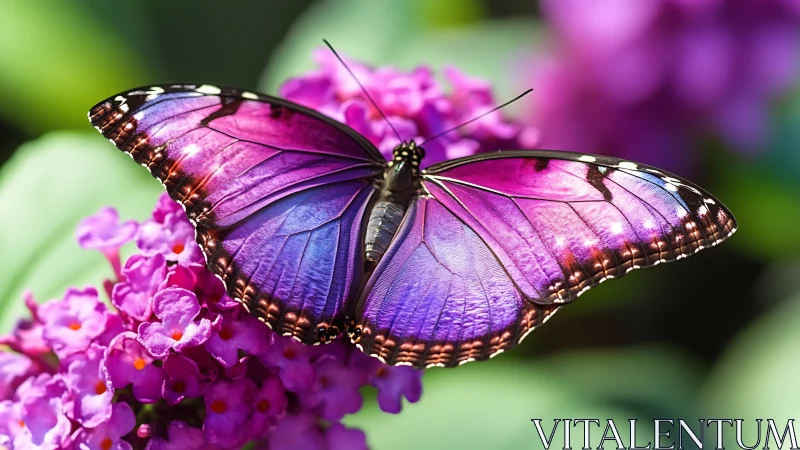 Purple-blue butterfly on lilac flowers in close-up view.