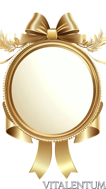 Gold circular frame with bow, laurel leaves and ribbons.