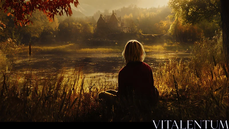 Solitary figure seated by lake facing distant house at dusk.