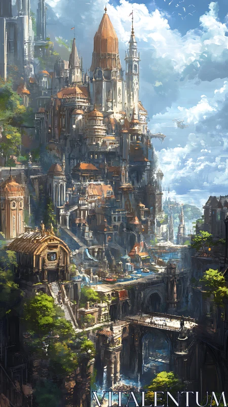 Vertical fantasy citadel with terraced bridges and spires.