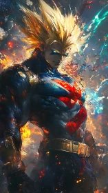 Blazing hero stands tall in a storm of color and power.