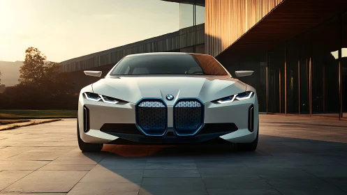 Sunlit white EV prowling a glassy modernist courtyard.