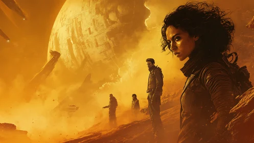 Fearless explorers stand beneath a burning alien sky.