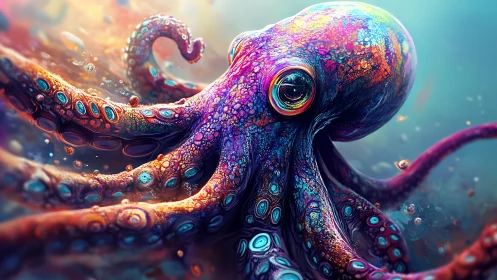 Colorful octopus drifts in a dreamy, glowing underwater world.