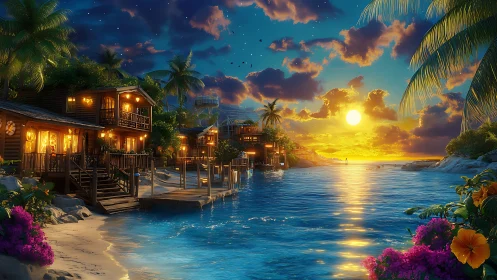 Tropical Sunset Harbor with Illuminated Waterfront Structures and Palm Architecture.