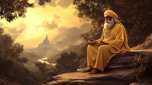 Sunlit sage in contemplative pose above radiant valley temple.