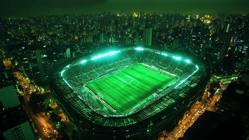 Emerald stadium halo crowns a sleepless, neon-drenched cityscape.