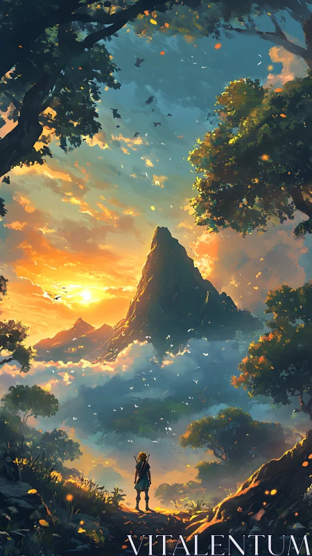 Solitary adventurer facing misty mountain at sunrise.