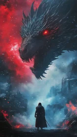 Armored knight confronts colossal dragon amid bifurcated firestorm