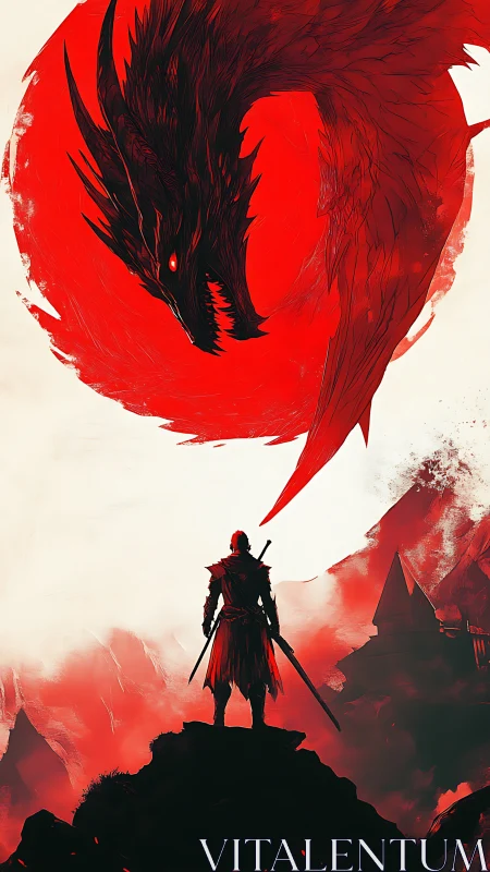 Warrior confronts circling dragon under blood-red celestial disc