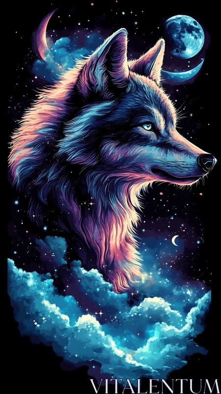 Nebula Howl: Chromatic Wolf Sailing Through Nighted Skies.