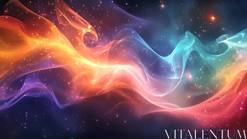 Soft cosmic ribbons swirling through a dreamy rainbow sky.