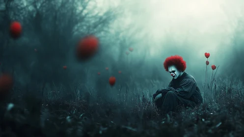 Melancholy clown broods among heart-shaped forest echoes